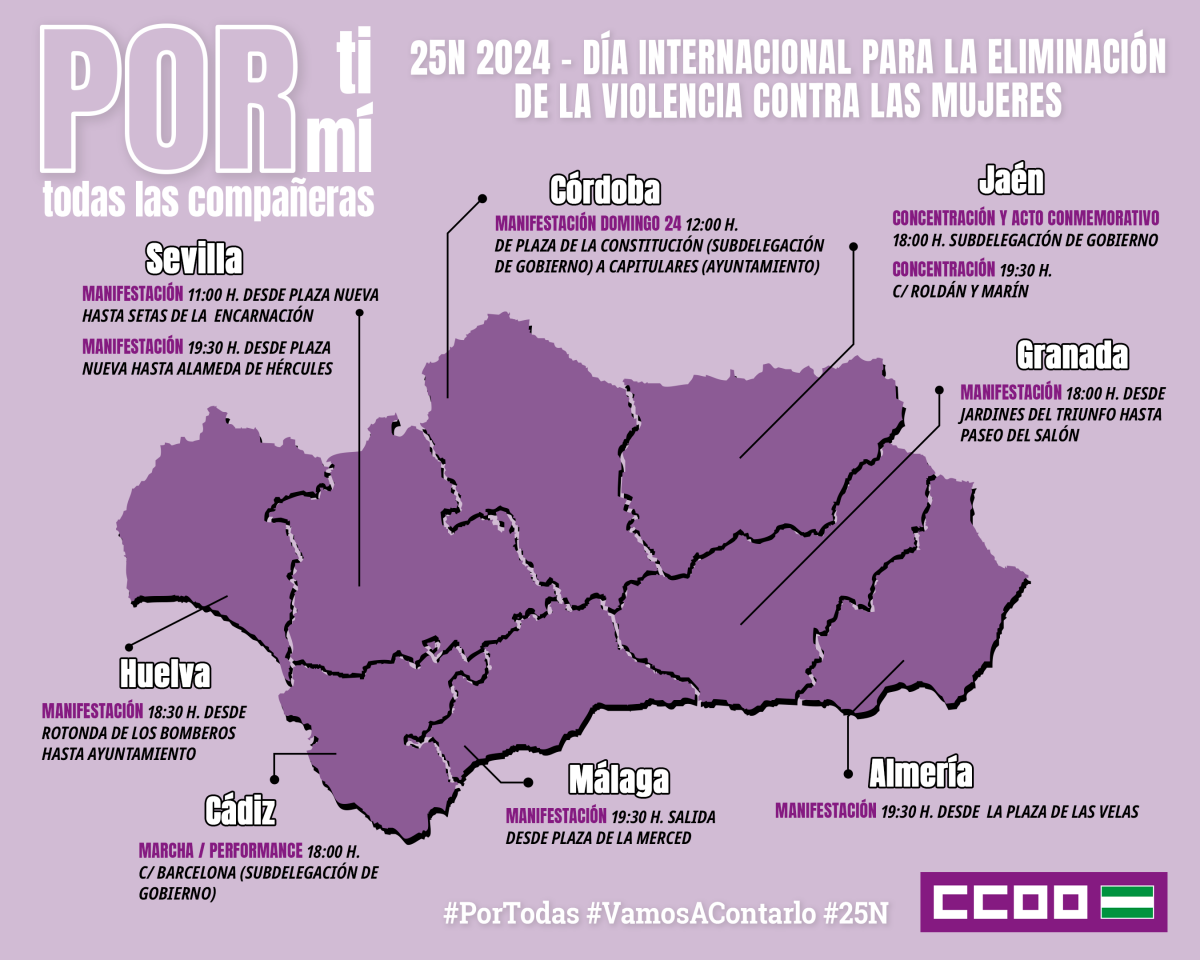 Mapa concentraciones y movilizaciones en Andaluca con motivo del 25N