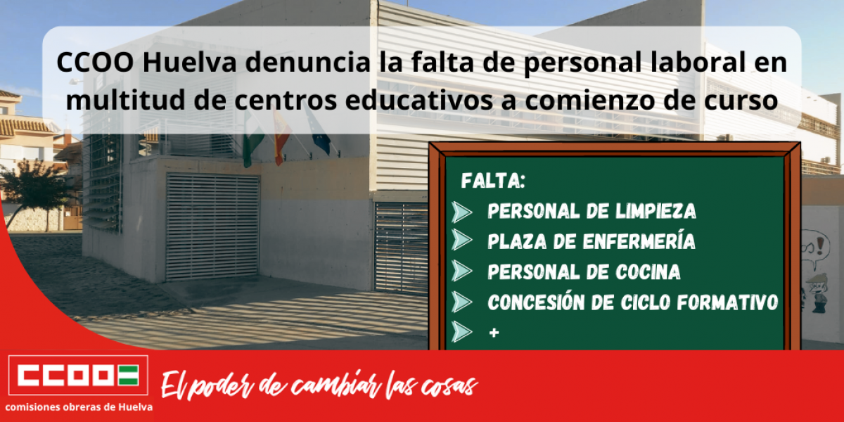 CCOO Huelva denuncia la falta de personal laboral en multitud de centros educativos a comienzo de curso