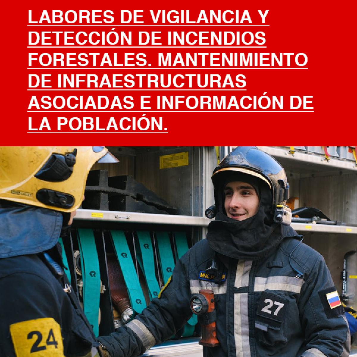 Labores de vigilancia y detección de incendios forestales. Mantenimiento de infraestructuras asociadas e información de la población.