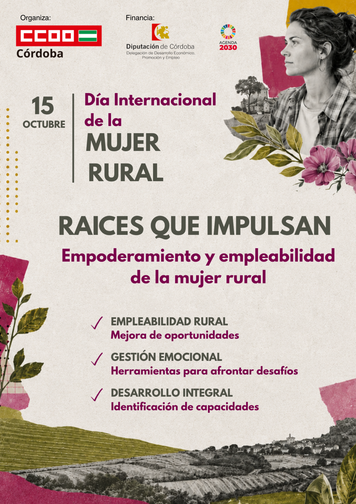 Cartel de los talleres "Raíces que impulsan. Empoderamiento y empleabilidad de la mujer rural".