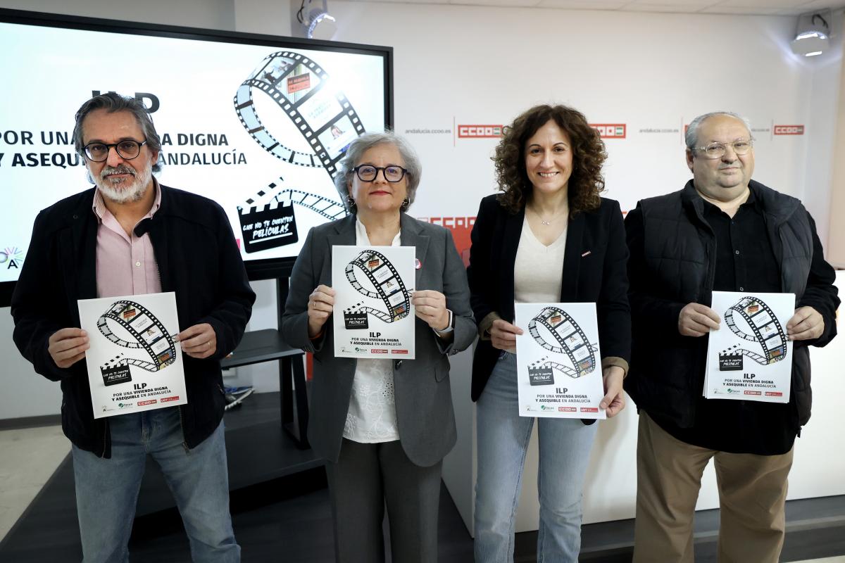 Miguel Bascón (Red vecinal andaluza), Nuria López (CCOO), Maribel Román (UGT) y David Sifredo (FACUA)