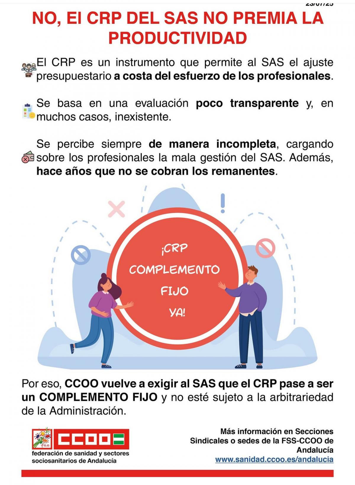 CCOO, CSIF, SATSE y UGT denuncian un nuevo recorte salarial del SAS al personal de la sanidad pblica andaluza a travs del complemento de rendimiento profesional (CRP)