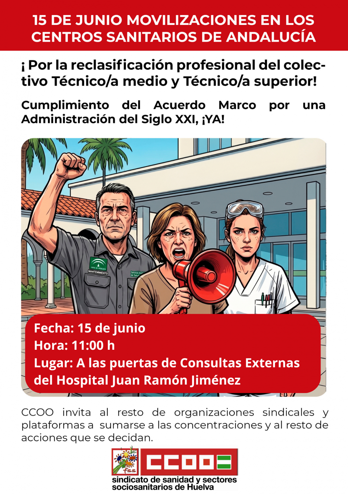 CCOO Huelva convoca movilizaciones de técnicos y técnicas en los centros del SAS el 15 de junio.
