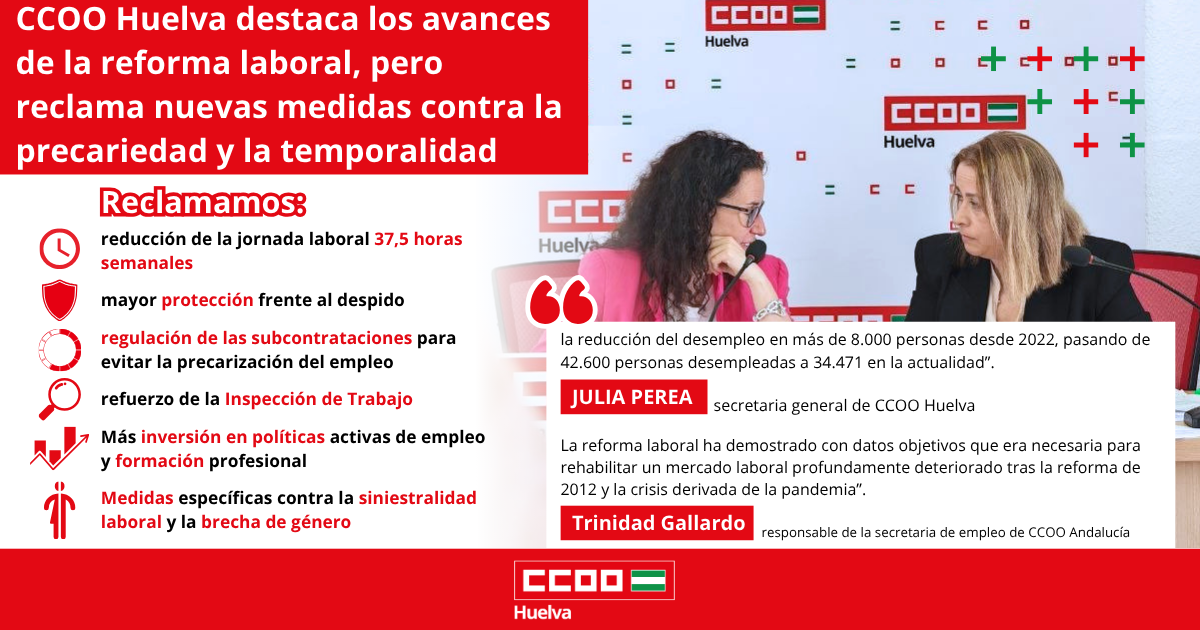 CCOO Huelva destaca los avances de la reforma laboral, pero reclama nuevas medidas contra la precariedad y la temporalidad.