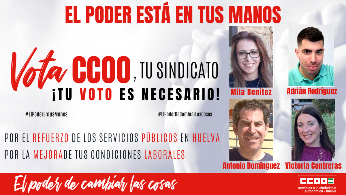 Cartel con los/as delegados/as candidatos/as Mila Bentez, Adrin Rodrguez, Antonio Domnguez y Victoria Contreras