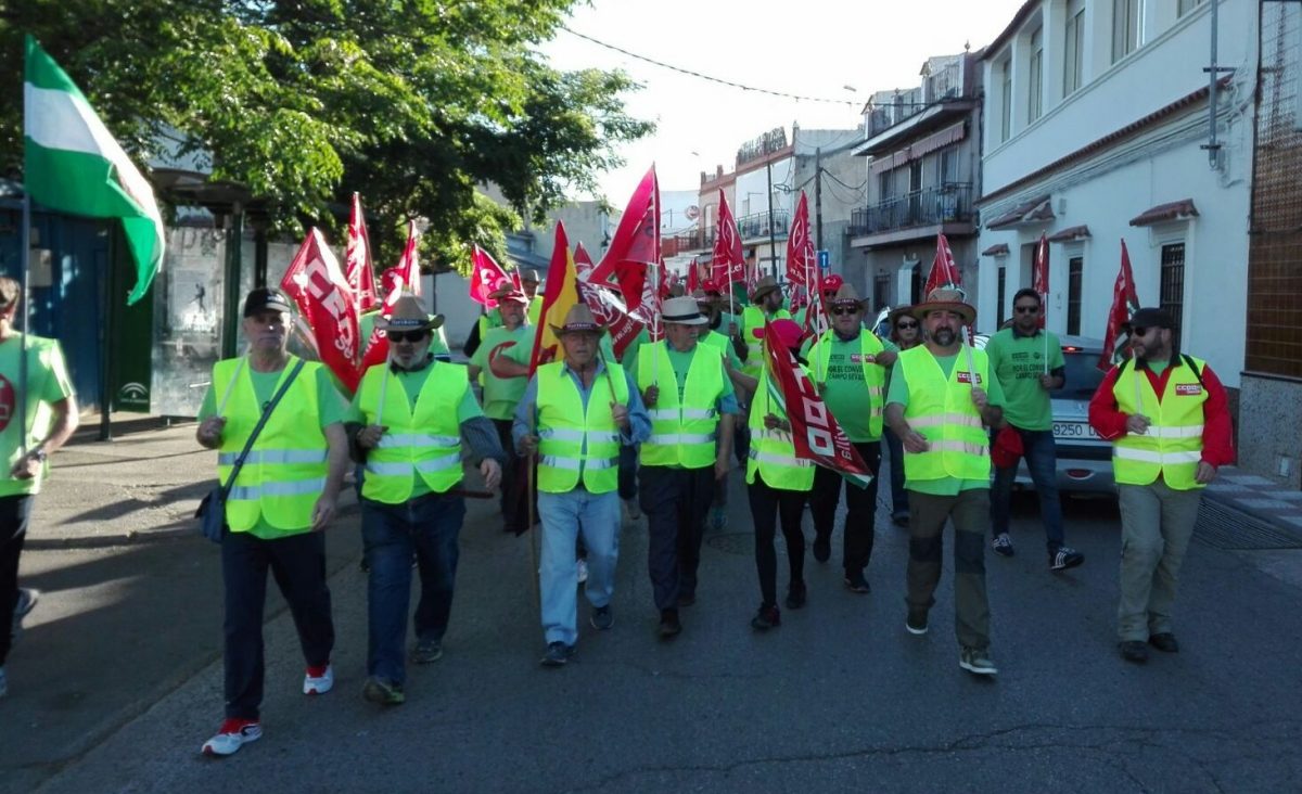 Trabajadores y trabajadoras del campo en la primera jornada de la marcha hasta Sevilla.